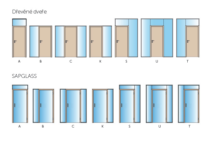 Celoskleněné stěny se světlíky a dřevěnými dveřmi SAPELI - seznam